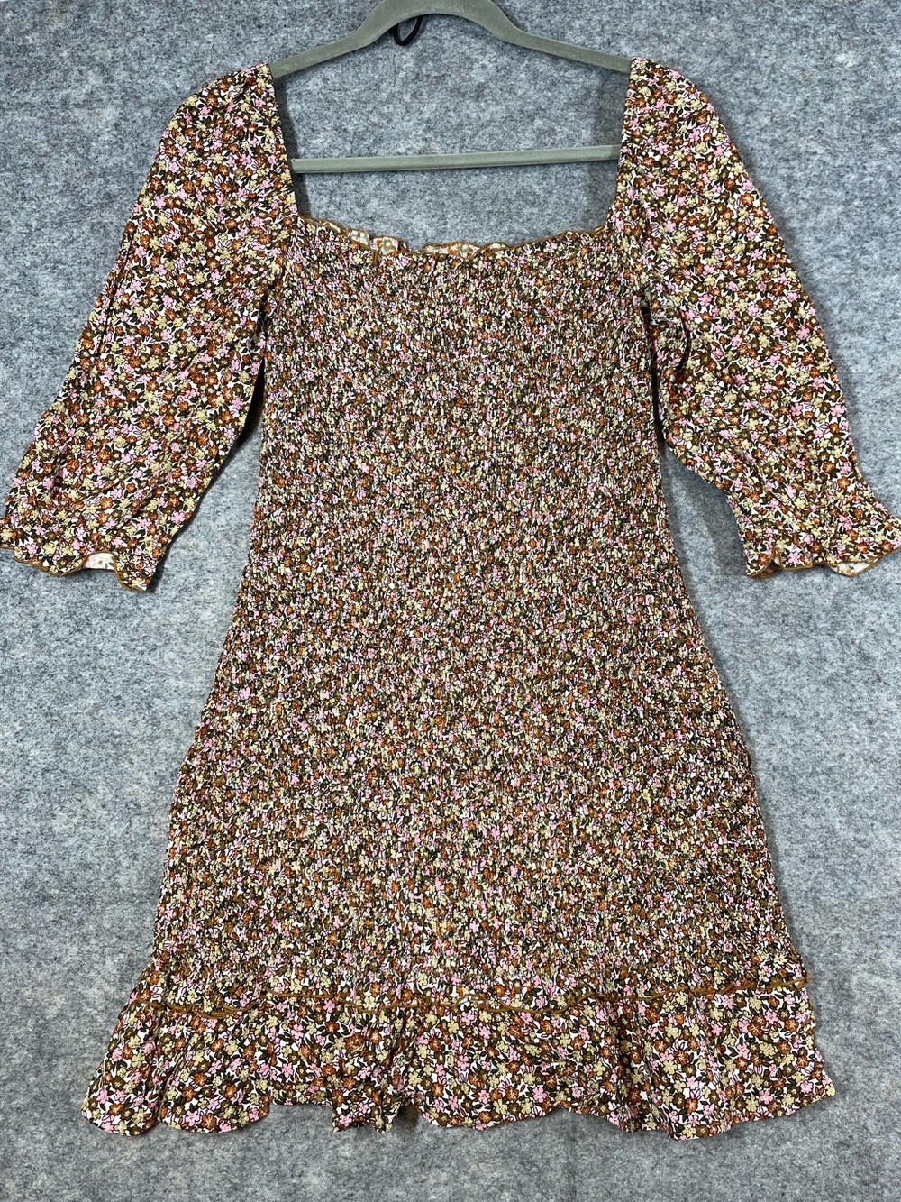 Faithfull The Brand Floral Smocked Mini Dress M Brown Cottagecore Boho Romantic